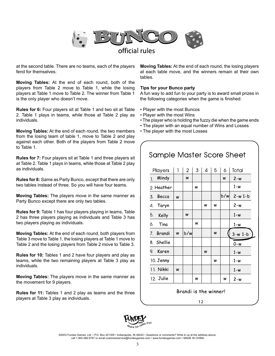 Fundex Games Bunco Party User Manual | Page 3 / 3