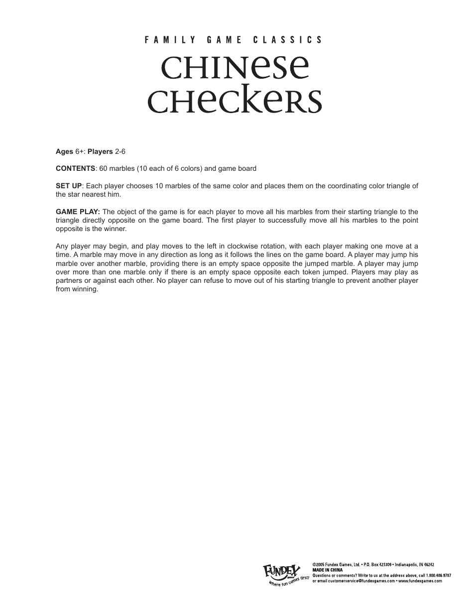 Fundex Games Chinese Checkers User Manual | 1 page