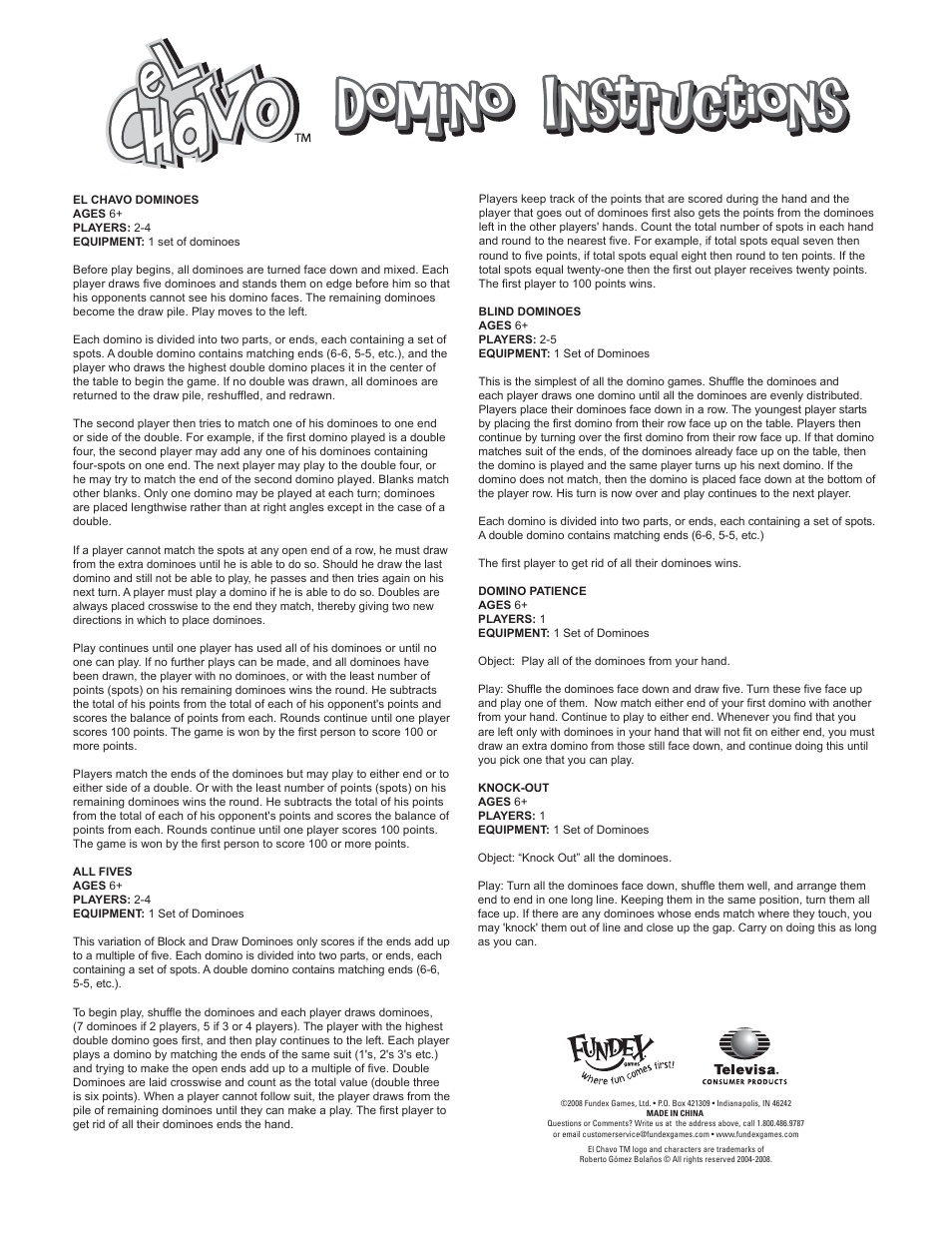 Fundex Games El Chavo Dominoes User Manual | 2 pages