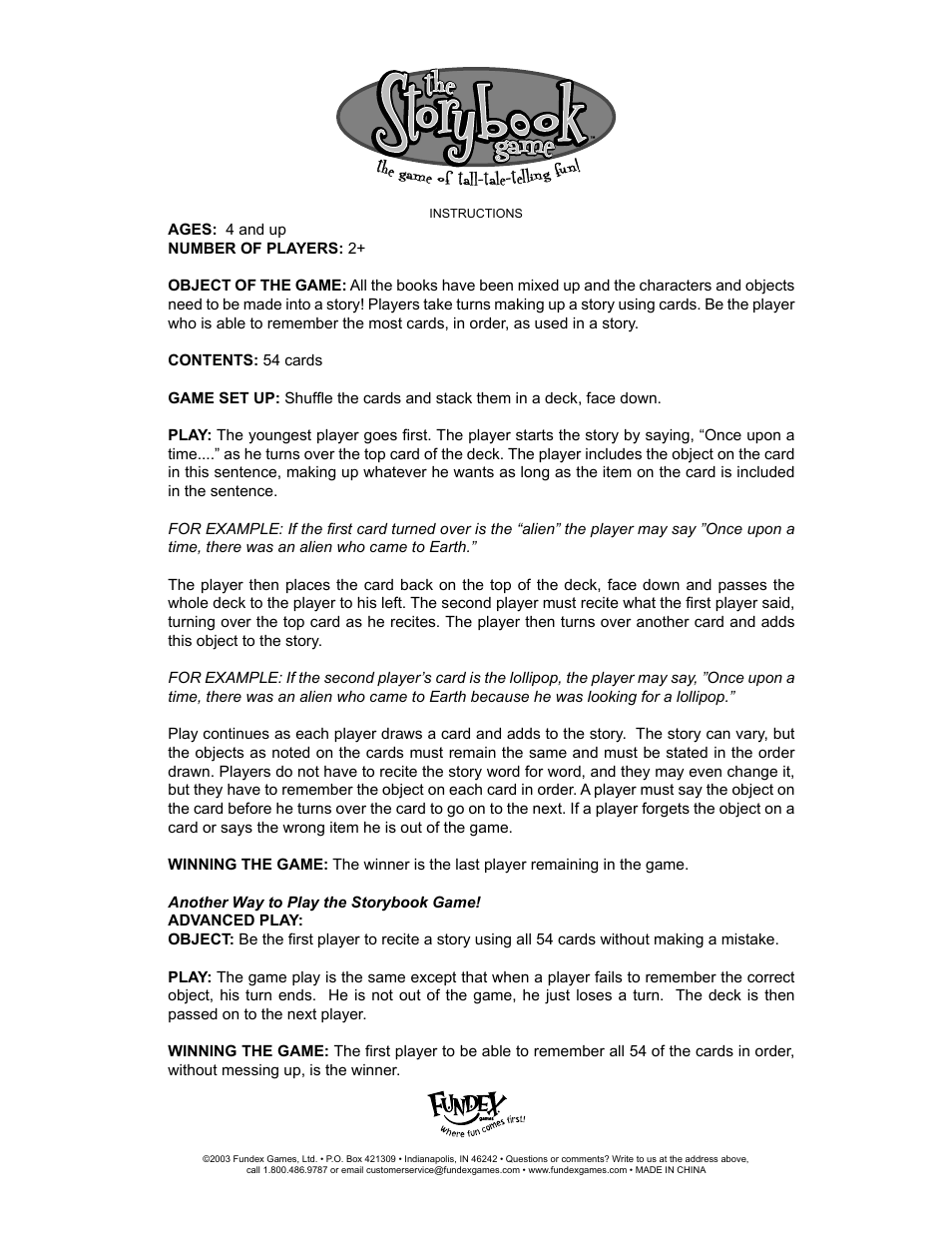 Fundex Games The Storybook Game User Manual | 1 page