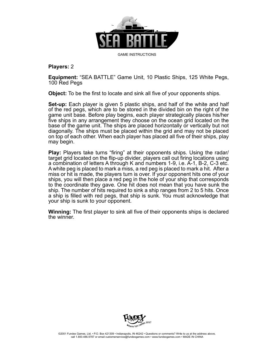 Fundex Games Sea Battle User Manual | 1 page