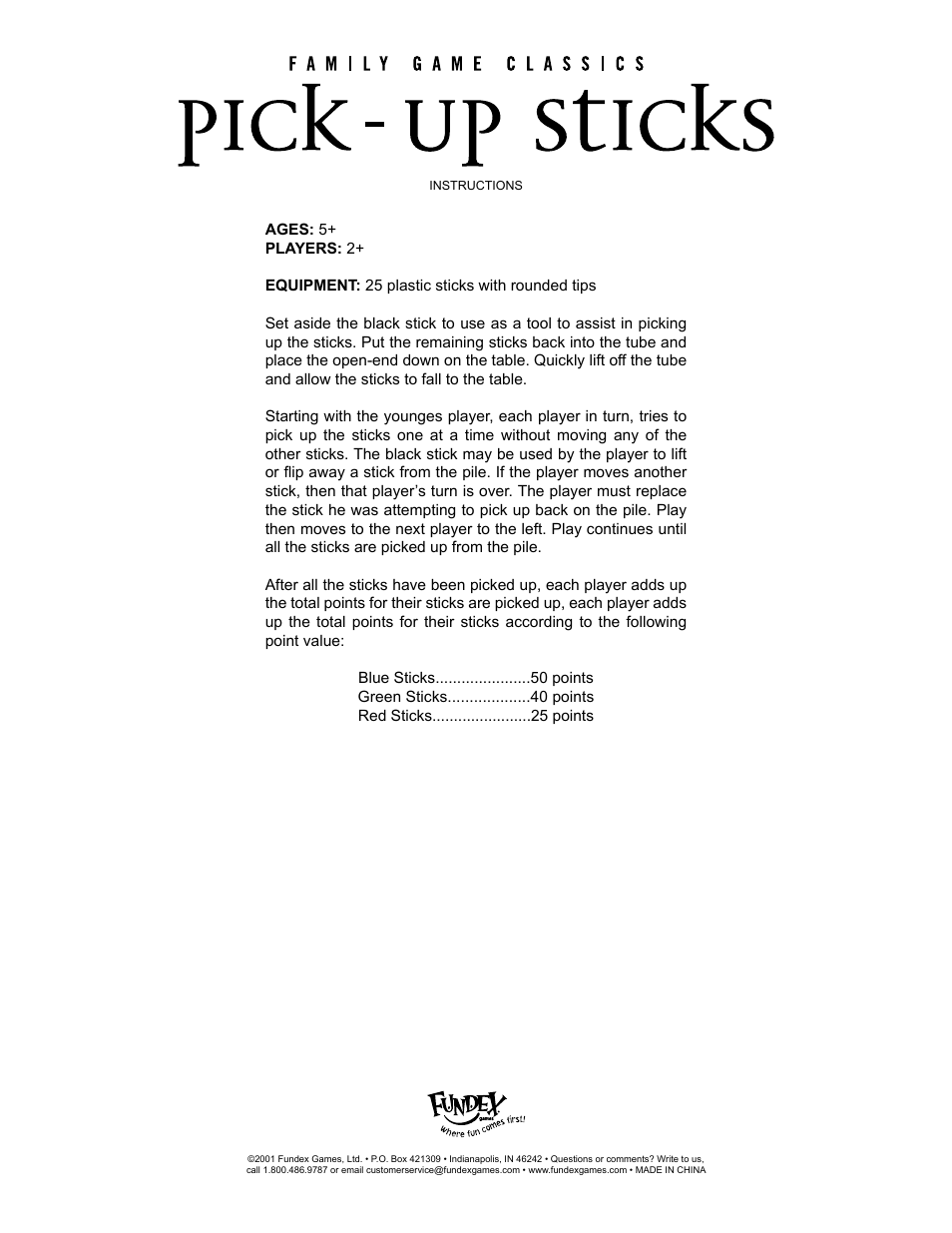 Fundex Games Pick Up Sticks User Manual | 1 page