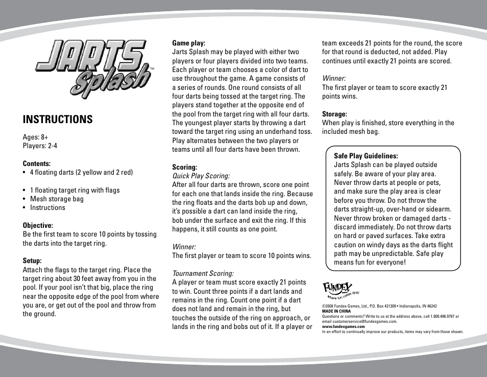 Fundex Games Jarts Splash User Manual | 1 page