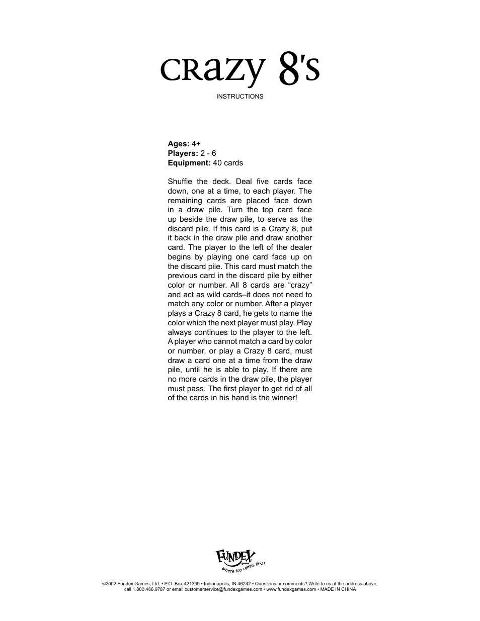 Fundex Games Crazy 8's User Manual | 1 page