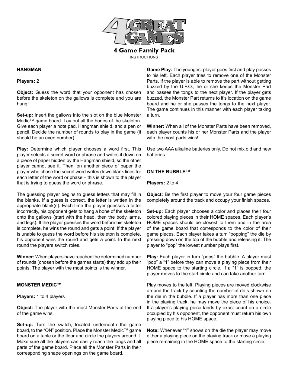 Fundex Games 4 Great Games User Manual | 2 pages