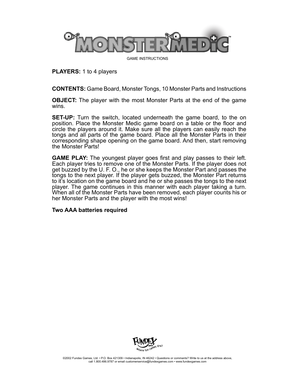 Fundex Games Monster Medic User Manual | 1 page