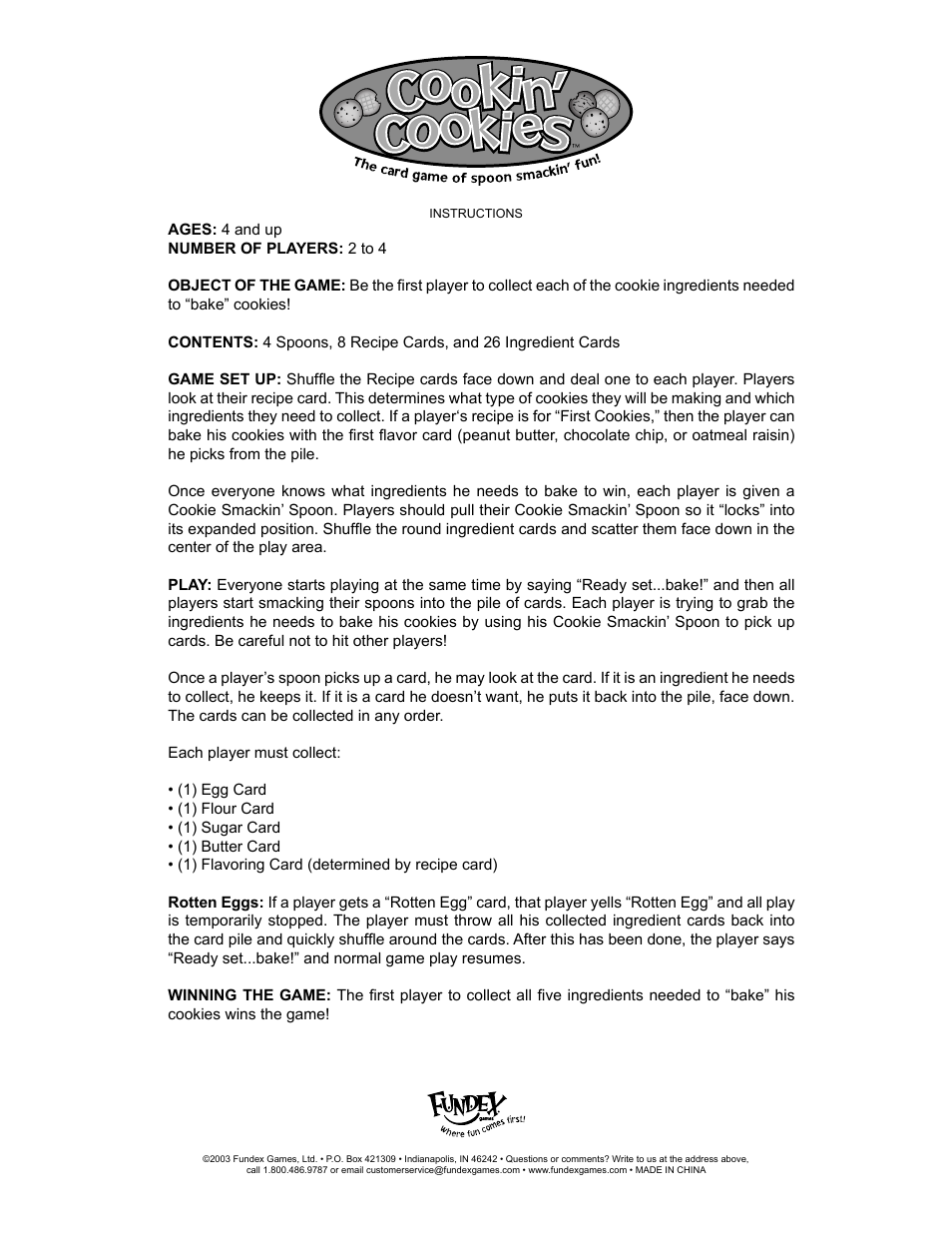 Fundex Games Cookin' Cookies User Manual | 1 page