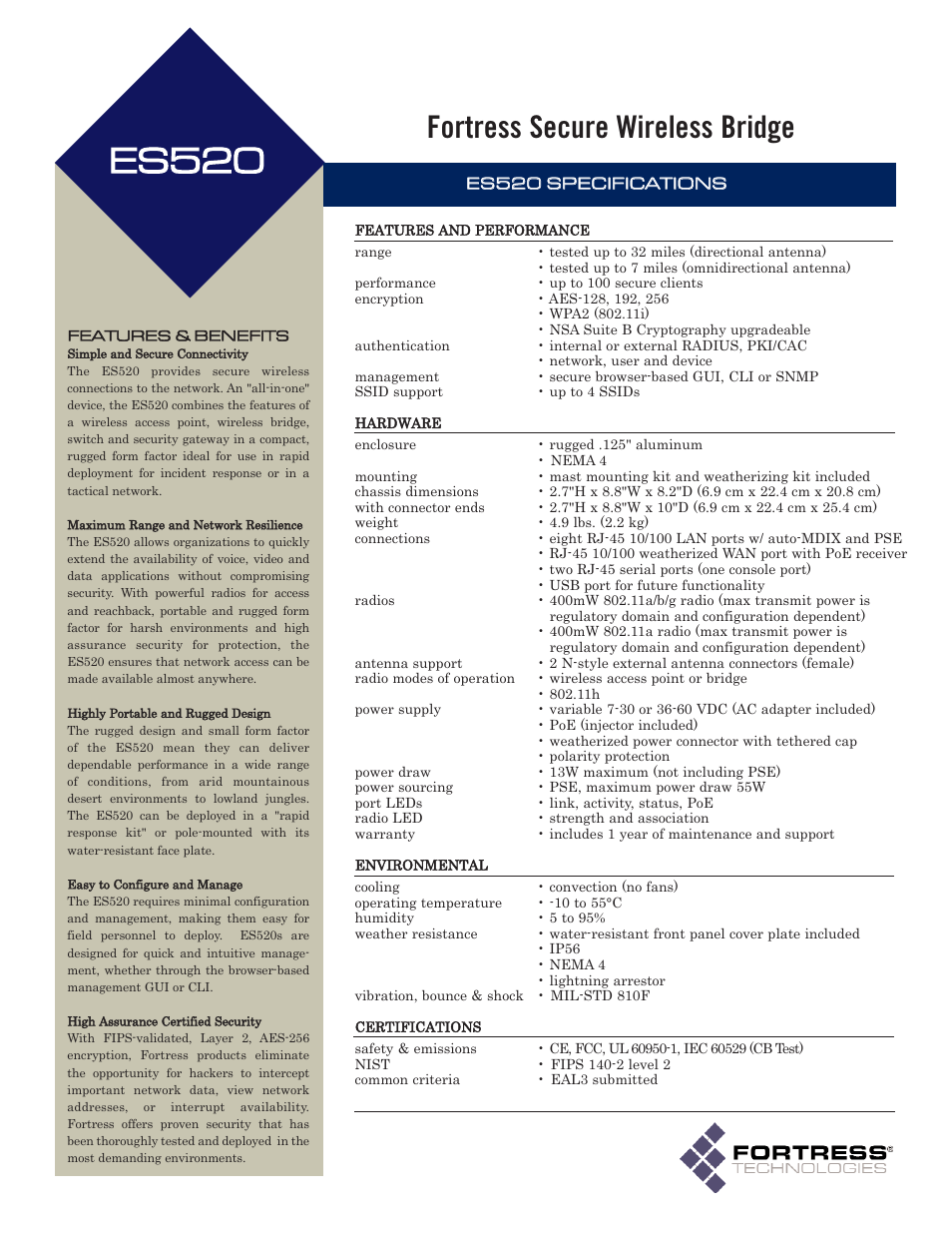 Es520, Fortress secure wireless bridge | Fortress Technologies Fortress Secure Wireless Access Bridge ES520 User Manual | Page 2 / 2