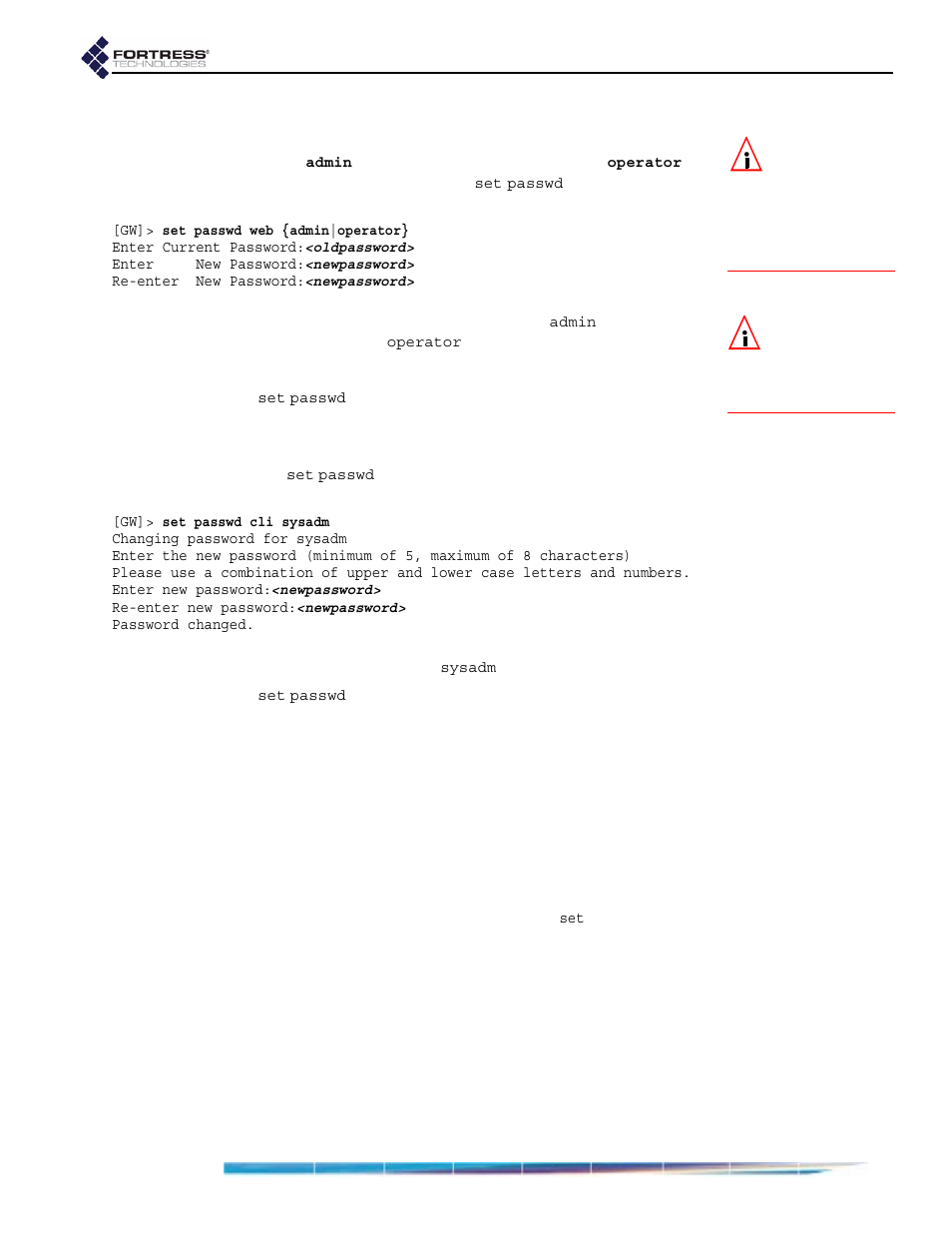 1 changing bridge gui passwords in the cli, 2 changing the bridge cli password, 5 security settings in the cli | 1 encryption algorithm in the cli, Security settings in the cli, Encryption algorithm in the cli, In section 6.4.4.2, To section 6.4.4.2), Section 6.4.4.2 | Fortress Technologies ecure Wireless Access Bridge User Manual | Page 101 / 144