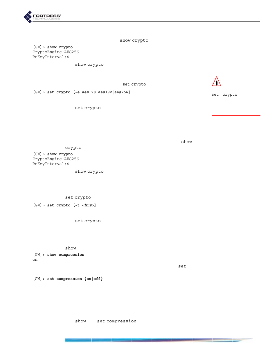 2 re-keying interval in the cli, 3 data compression in the cli | Fortress Technologies ecure Wireless Access Bridge User Manual | Page 102 / 144