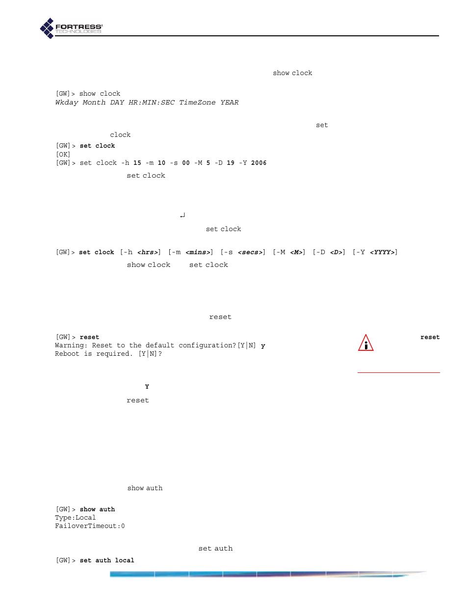 6 system date and time in the cli, 7 restoring default settings in the cli, 8 non-802.1x authentication settings in the cli | 1 non-802.1x authentication server settings, Non-802.1x authentication server settings, Section 6.4.7) o | Fortress Technologies ecure Wireless Access Bridge User Manual | Page 105 / 144
