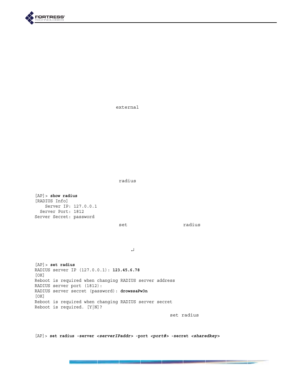 9 802.1x authentication settings in the cli, 1 802.1x authentication server settings, 1x authentication settings in the cli | 1x authentication server settings | Fortress Technologies ecure Wireless Access Bridge User Manual | Page 107 / 144