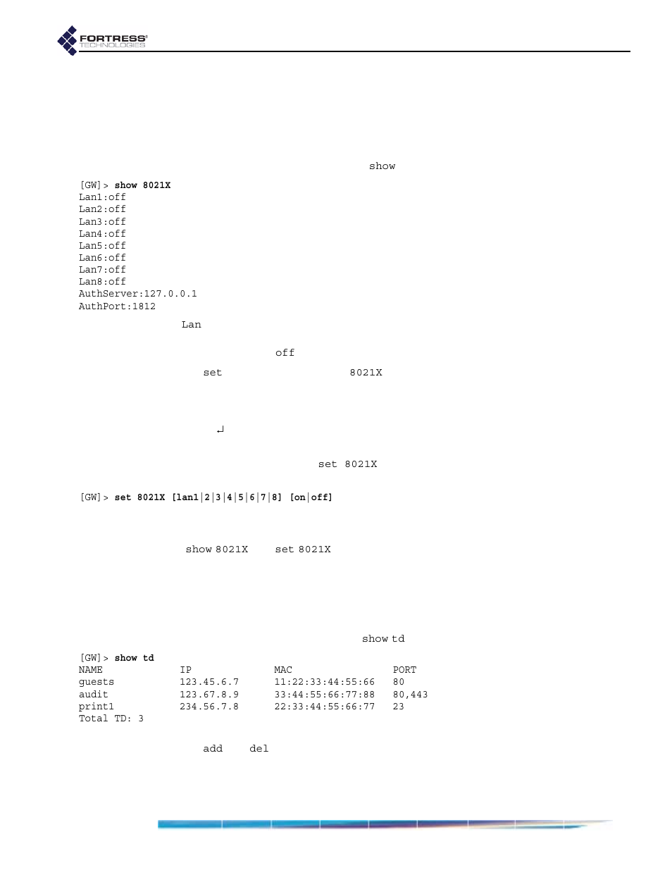 2 internal lan switch port 802.1x settings, 5 administration in the bridge cli, 1 trusted devices in the cli | Internal lan switch port 802.1x settings, Administration in the bridge cli, Trusted devices in the cli, Section (6.4.9.2), Xt section (6.4.9.2) | Fortress Technologies ecure Wireless Access Bridge User Manual | Page 109 / 144