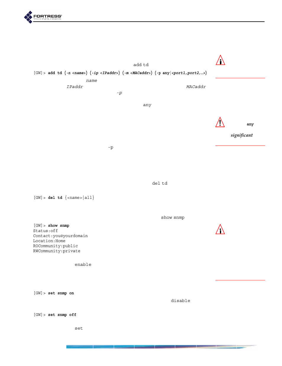 1 adding trusted devices in the cli, 2 deleting trusted devices in the cli, 2 snmp settings in the cli | Snmp settings in the cli | Fortress Technologies ecure Wireless Access Bridge User Manual | Page 110 / 144