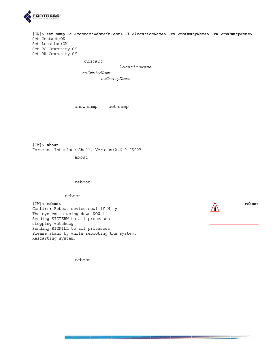 3 viewing the software version in the cli, 4 restarting the bridge in the cli, 6 monitoring and diagnostics in the cli | 1 viewing a summary overview of the bridge, Monitoring and diagnostics in the cli, Viewing a summary overview of the bridge, In section 6.5.4), or f | Fortress Technologies ecure Wireless Access Bridge User Manual | Page 111 / 144