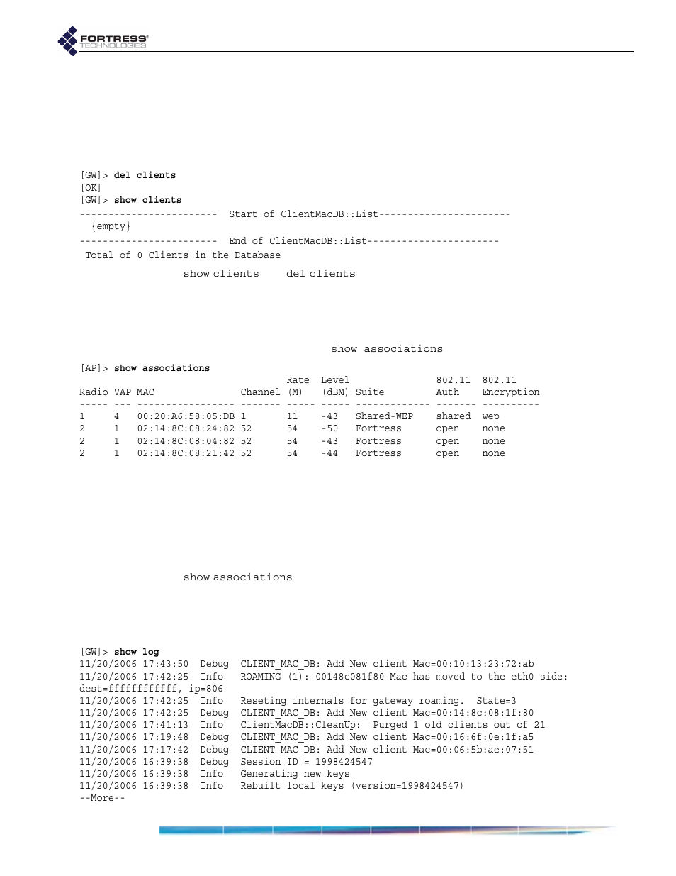 5 ap associations in the cli, 6 viewing the system log in the cli | Fortress Technologies ecure Wireless Access Bridge User Manual | Page 113 / 144