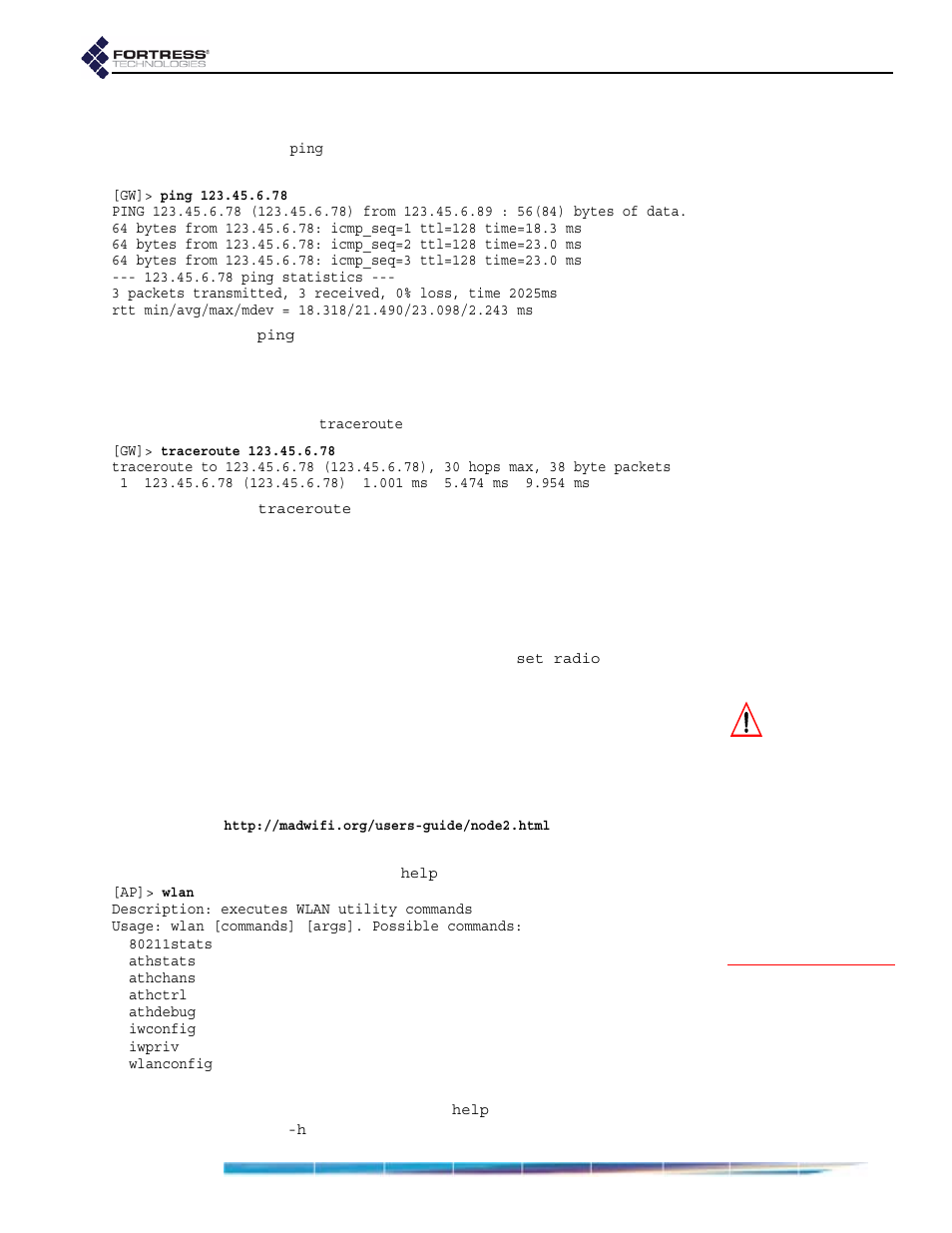 7 pinging a device, 8 tracing a packet route, 7 wlan wireless extension tools | Pinging a device tracing a packet route, Wlan wireless extension tools | Fortress Technologies ecure Wireless Access Bridge User Manual | Page 114 / 144