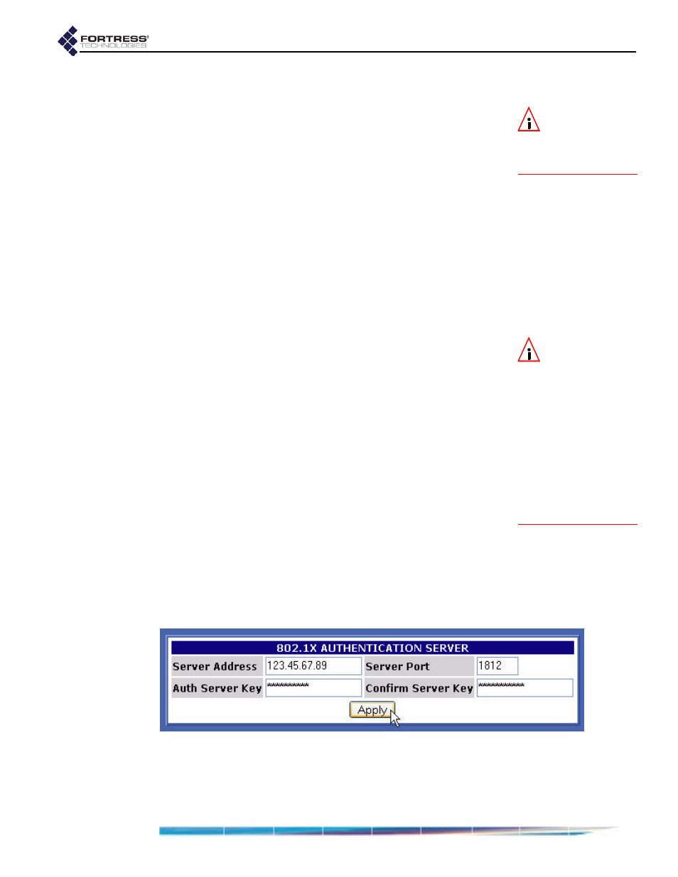 4 802.1x server and lan port settings, 1 802.1x authentication server, 1x server and lan port settings | 1x authentication server | Fortress Technologies ecure Wireless Access Bridge User Manual | Page 45 / 144