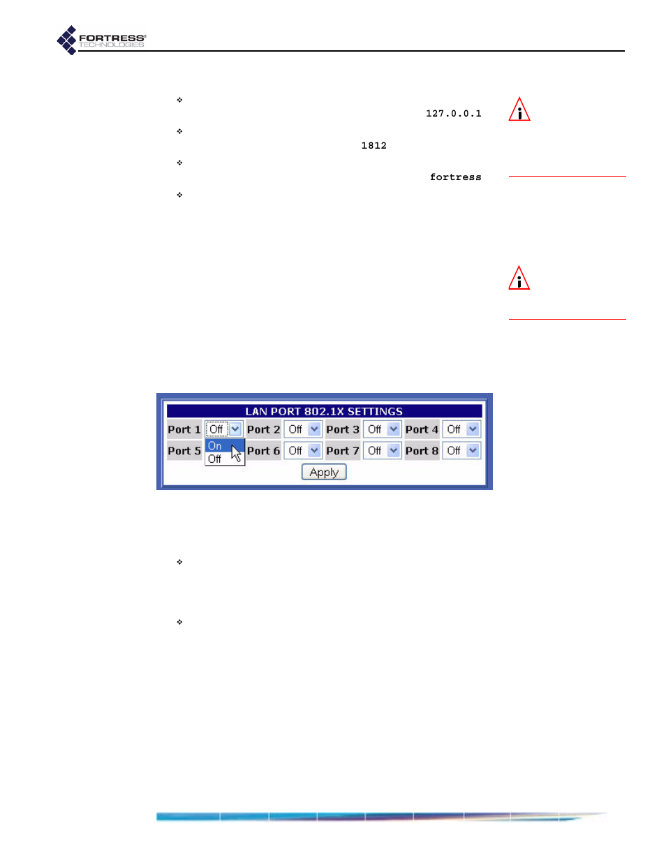 2 lan port 802.1x settings, 5 bridge passwords, Lan port 802.1x settings | Bridge passwords, Section 3.4.2)—th | Fortress Technologies ecure Wireless Access Bridge User Manual | Page 46 / 144