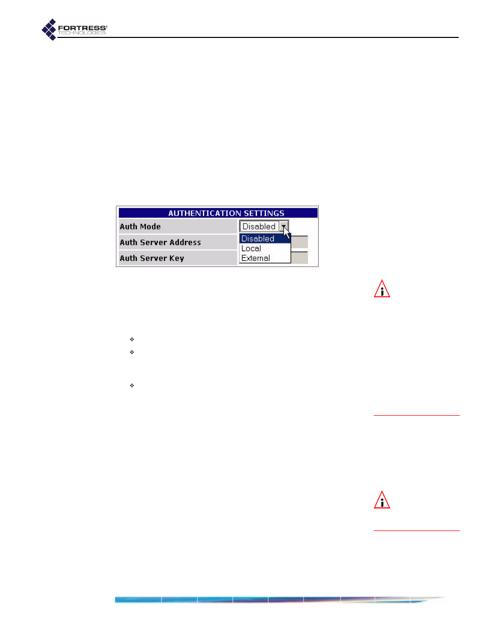 1 enabling/disabling authentication globally, 2 local authentication server | Fortress Technologies ecure Wireless Access Bridge User Manual | Page 52 / 144