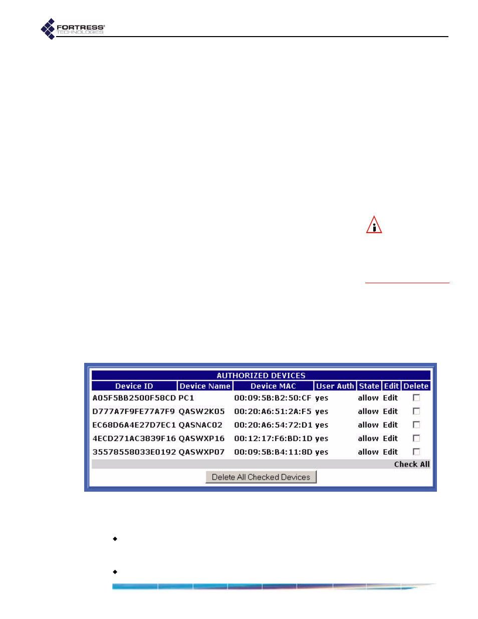 1 default device authentication settings, 2 individual device authentication settings, Scribed in section 4.1.2 | Fortress Technologies ecure Wireless Access Bridge User Manual | Page 63 / 144