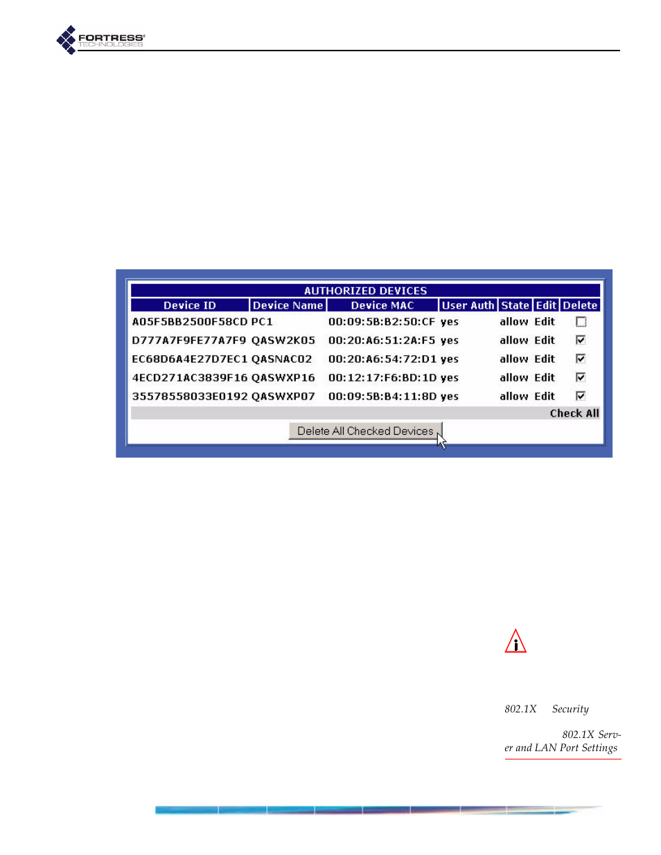 2 deleting devices, 2 user authentication, Deleting devices | User authentication, Nd section 4.2 (user authentication), in | Fortress Technologies ecure Wireless Access Bridge User Manual | Page 65 / 144