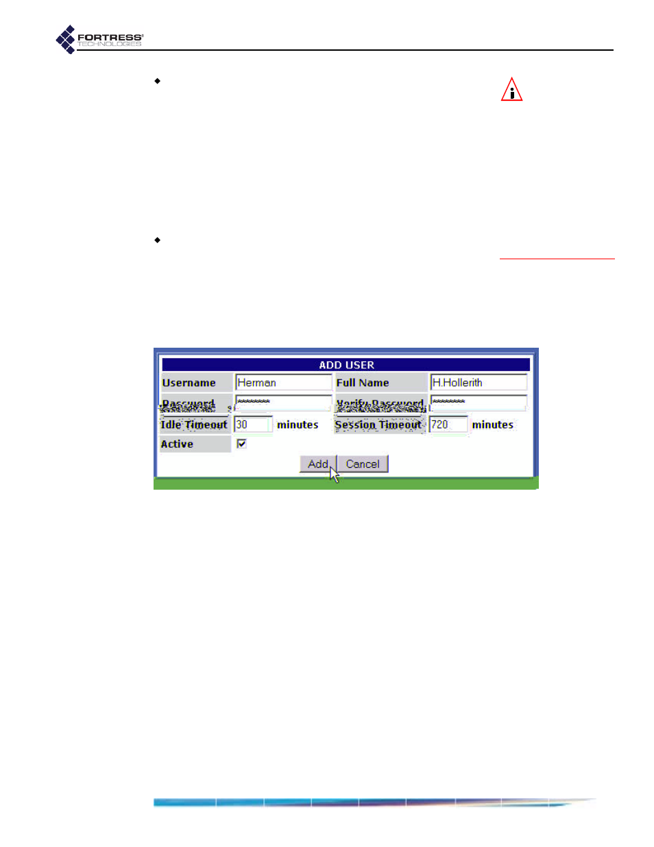 1 adding a user, 2 editing a user account, Adding a user editing a user account | Fortress Technologies ecure Wireless Access Bridge User Manual | Page 67 / 144