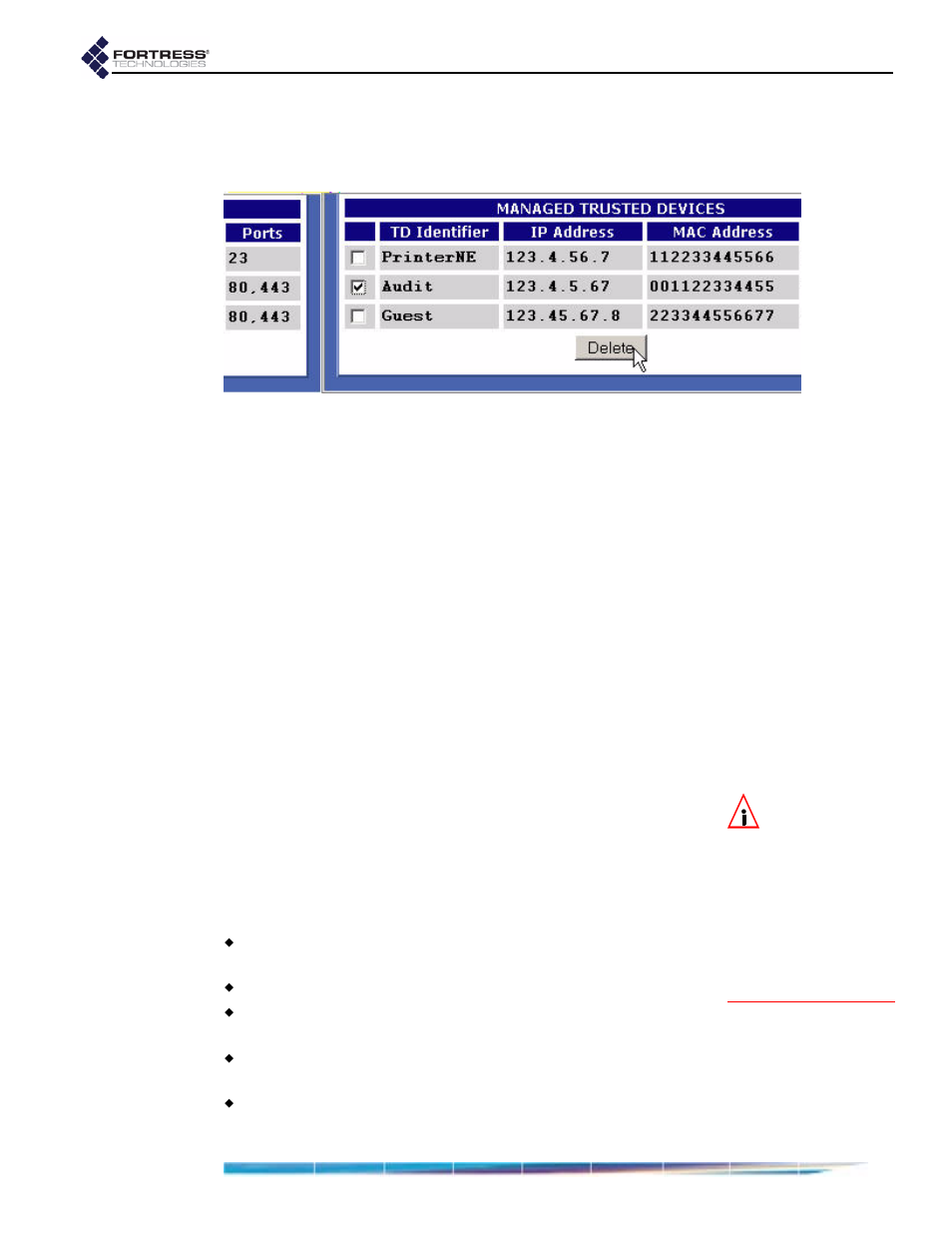 2 deleting trusted devices, 3 visitor access through trusted devices, 4 snmp settings | Snmp settings | Fortress Technologies ecure Wireless Access Bridge User Manual | Page 71 / 144