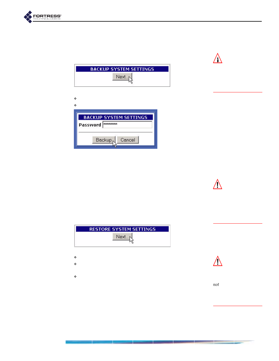 1 backing up the bridge configuration, 2 restoring from a backup file | Fortress Technologies ecure Wireless Access Bridge User Manual | Page 74 / 144