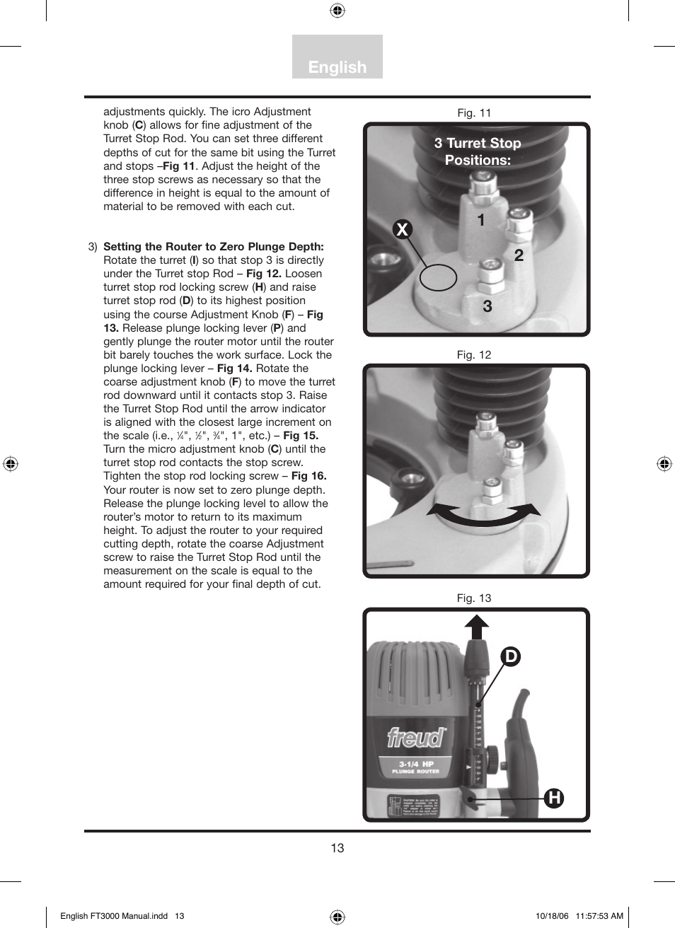 Hd x, English, 3 turret stop positions | Freud Tools FT3000VCE User Manual | Page 14 / 60