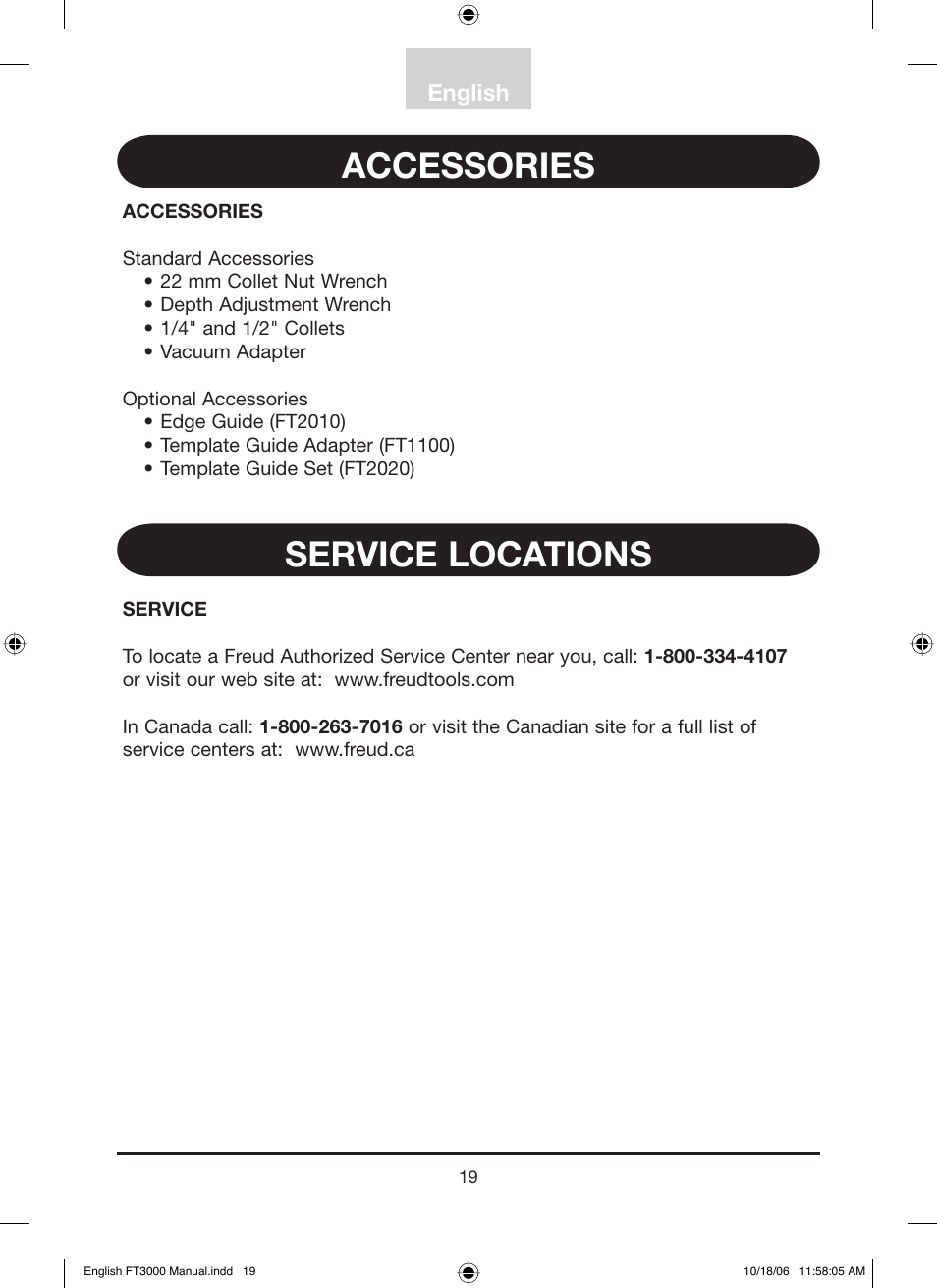 Accessories service locations, English | Freud Tools FT3000VCE User Manual | Page 20 / 60