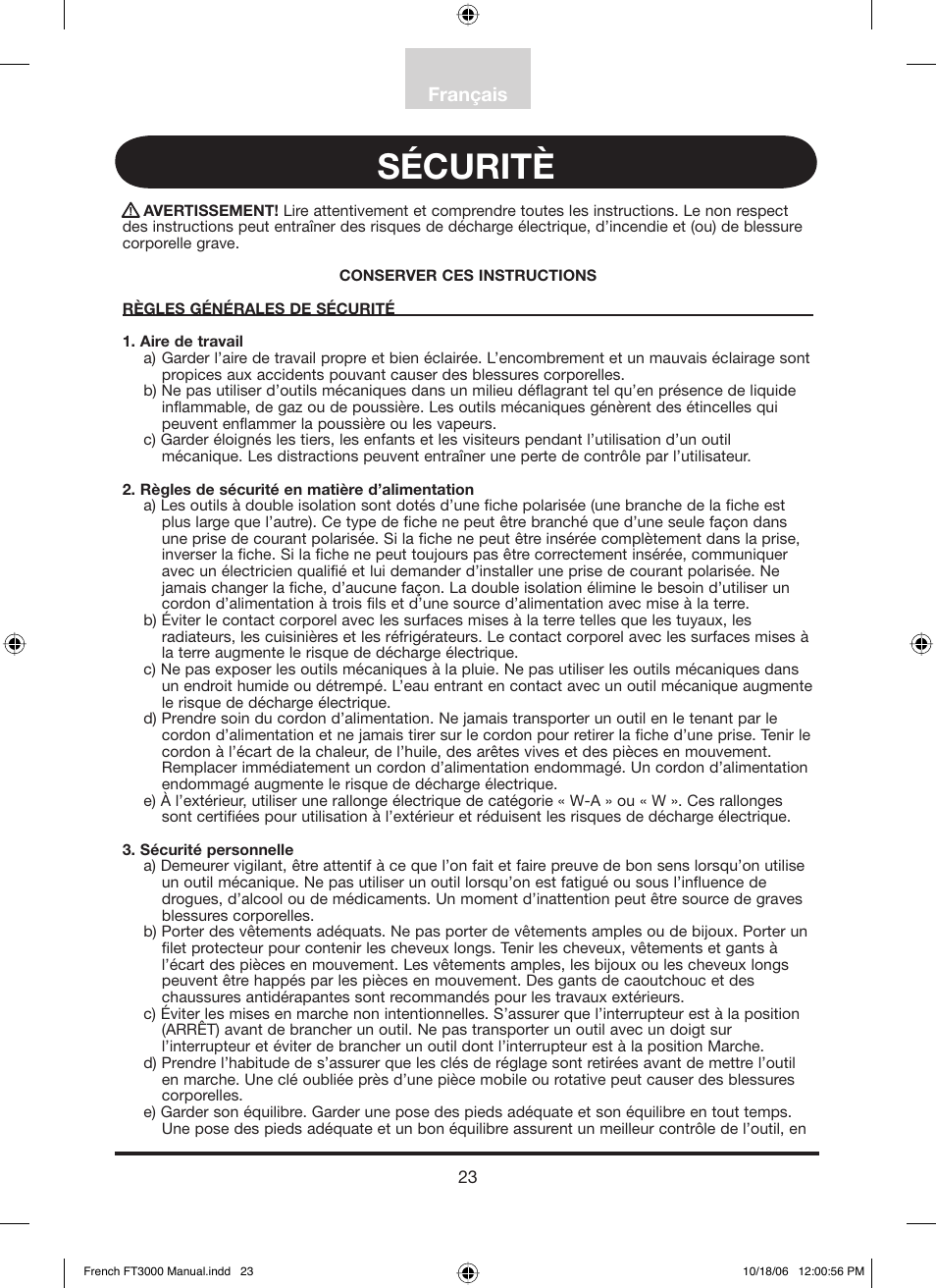 Sécuritè, Français | Freud Tools FT3000VCE User Manual | Page 24 / 60