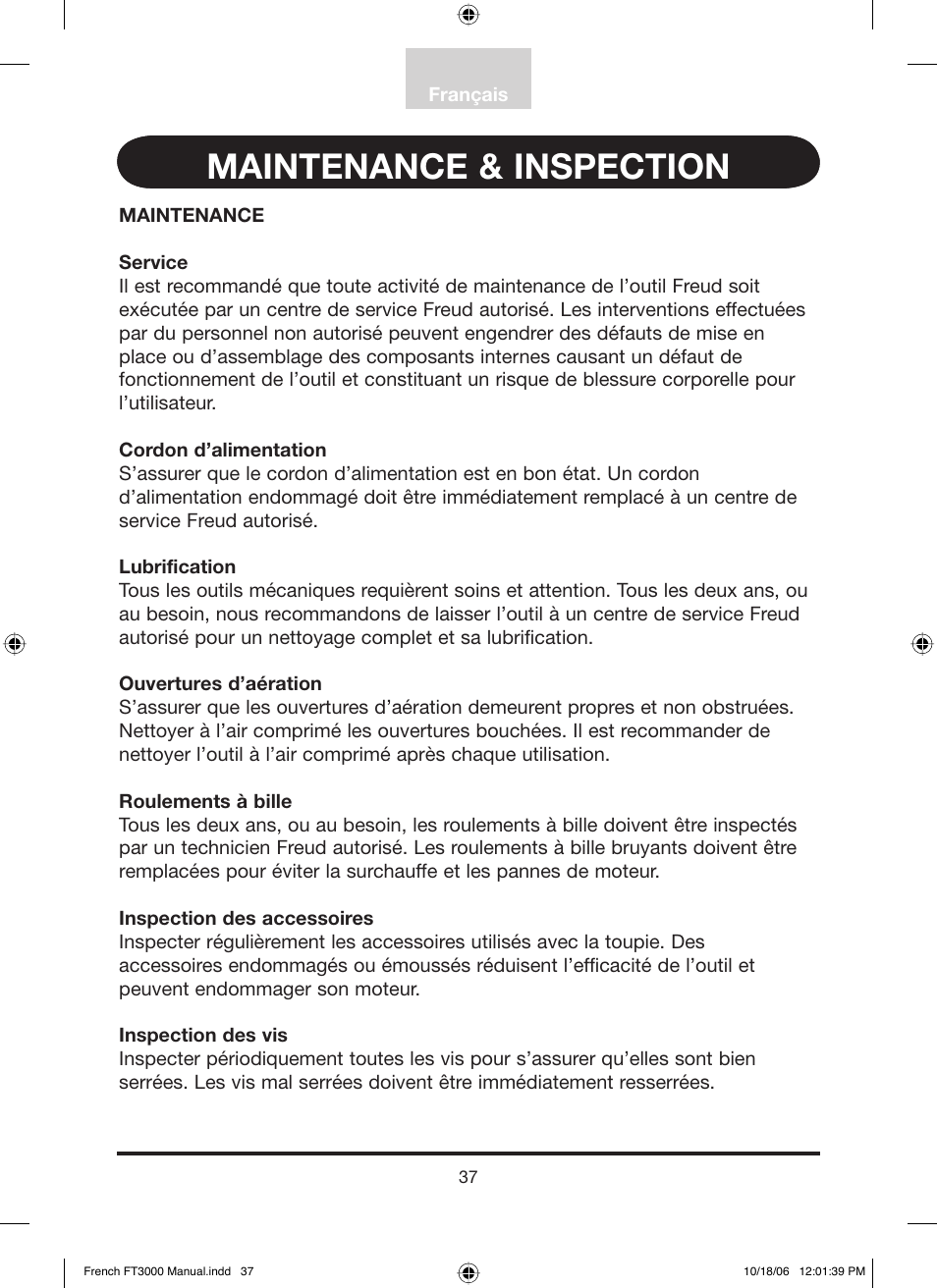 Maintenance & inspection | Freud Tools FT3000VCE User Manual | Page 38 / 60