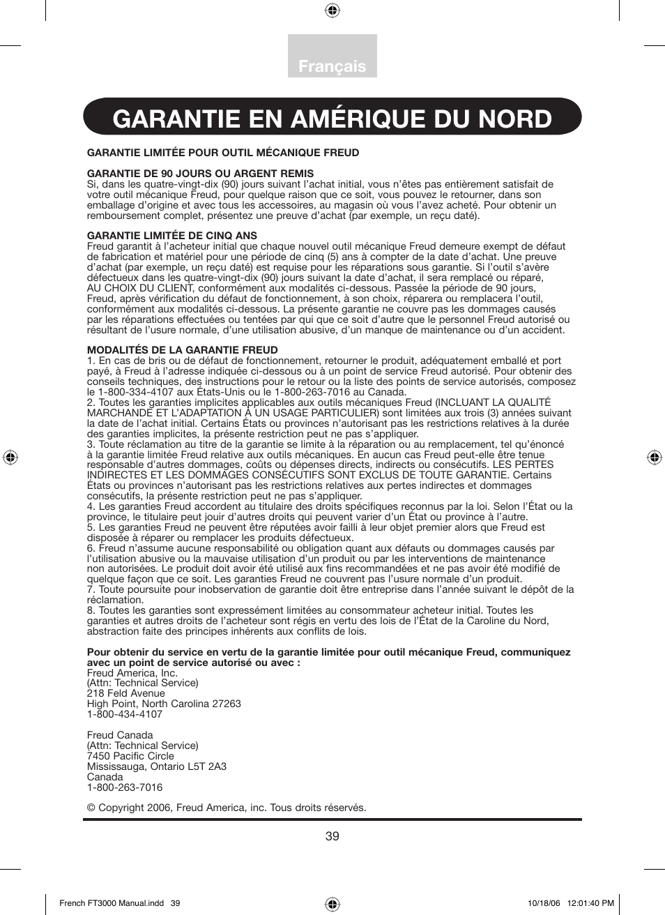 Garantie en amérique du nord, Français | Freud Tools FT3000VCE User Manual | Page 40 / 60