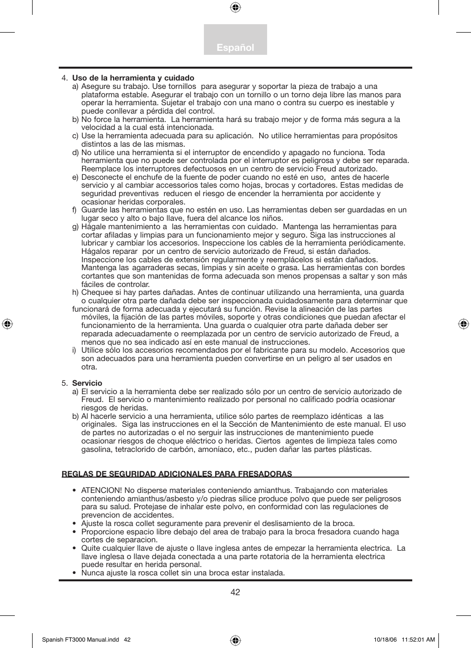 Español | Freud Tools FT3000VCE User Manual | Page 43 / 60