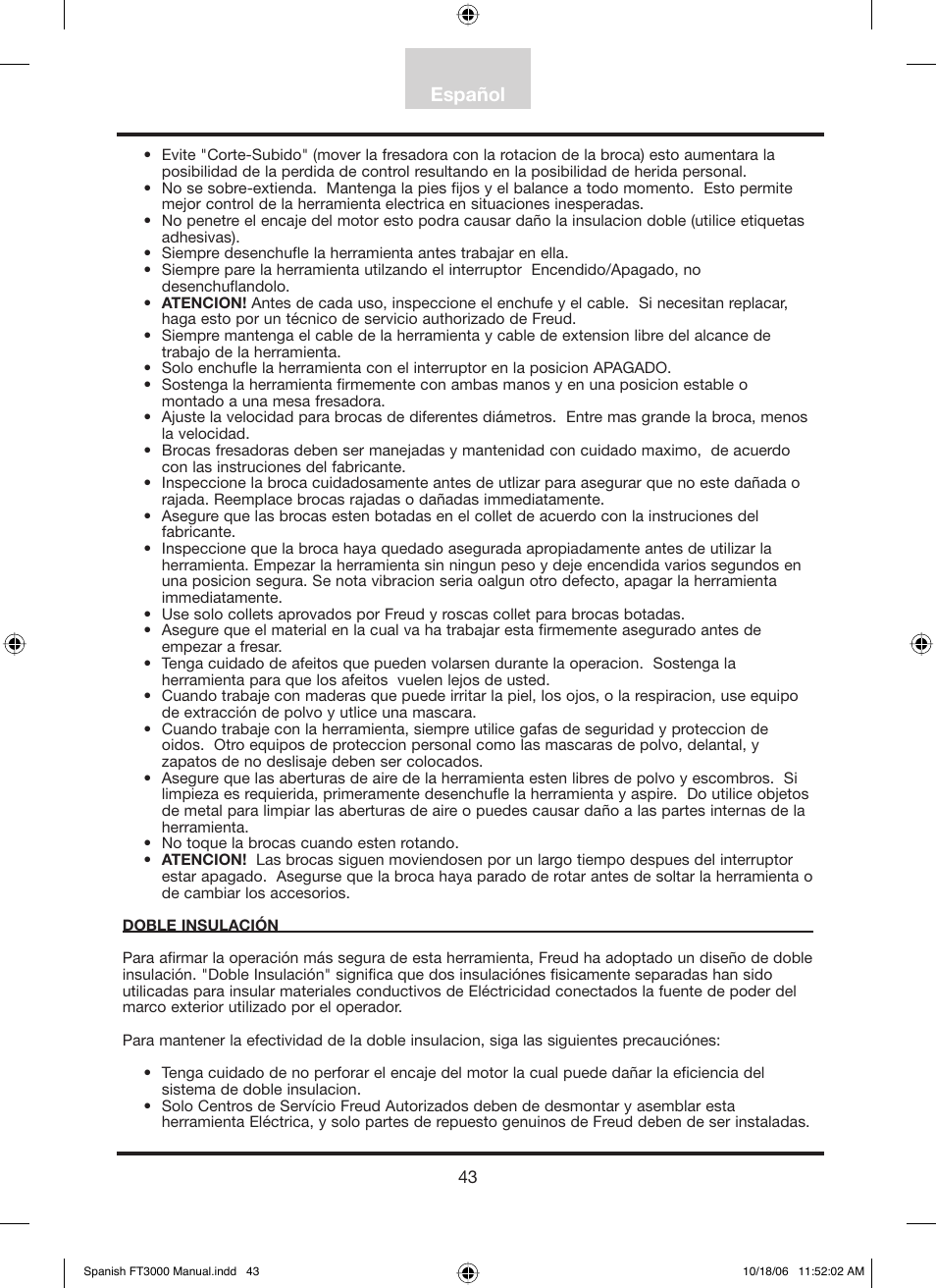 Español | Freud Tools FT3000VCE User Manual | Page 44 / 60