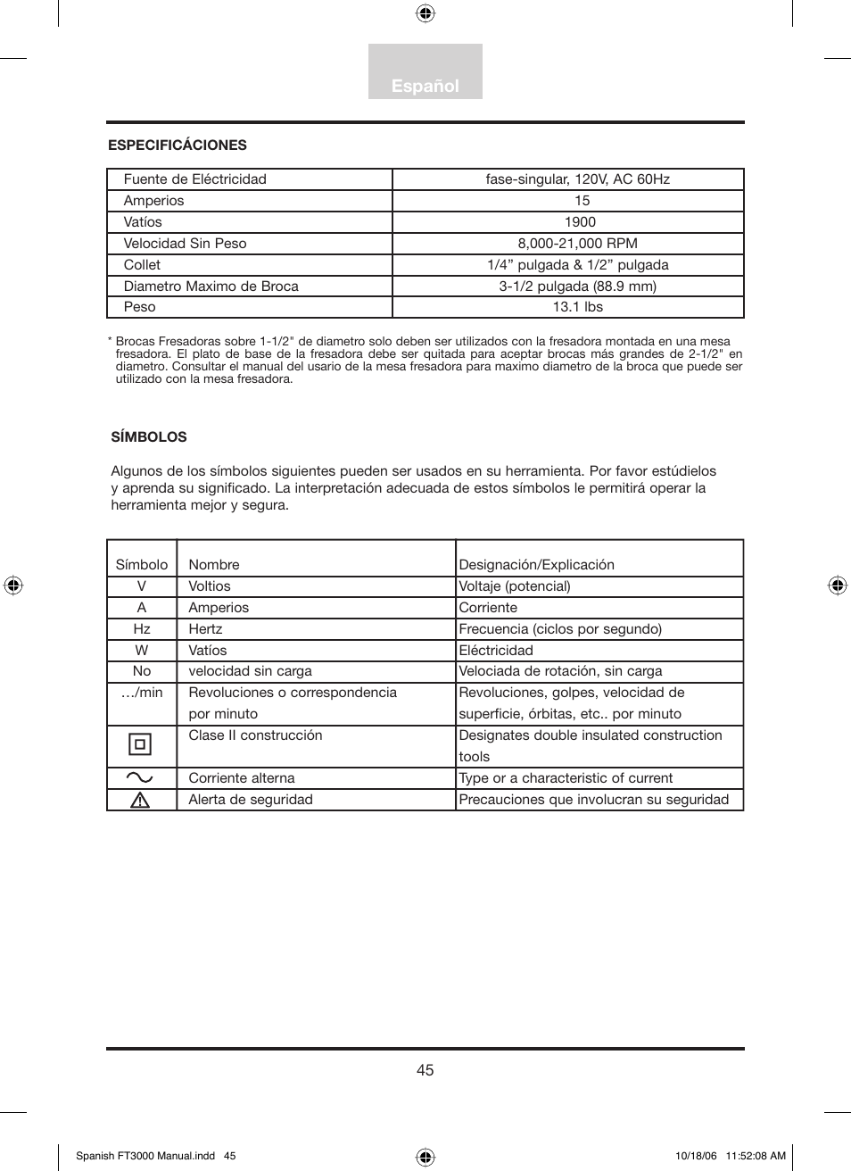 Español | Freud Tools FT3000VCE User Manual | Page 46 / 60