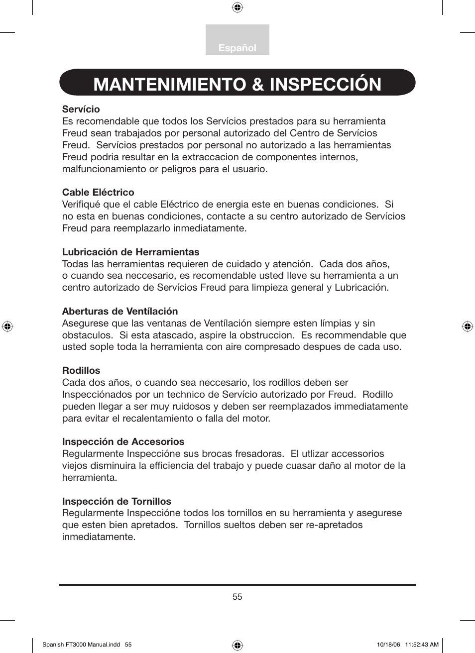 Mantenimiento & inspección | Freud Tools FT3000VCE User Manual | Page 56 / 60