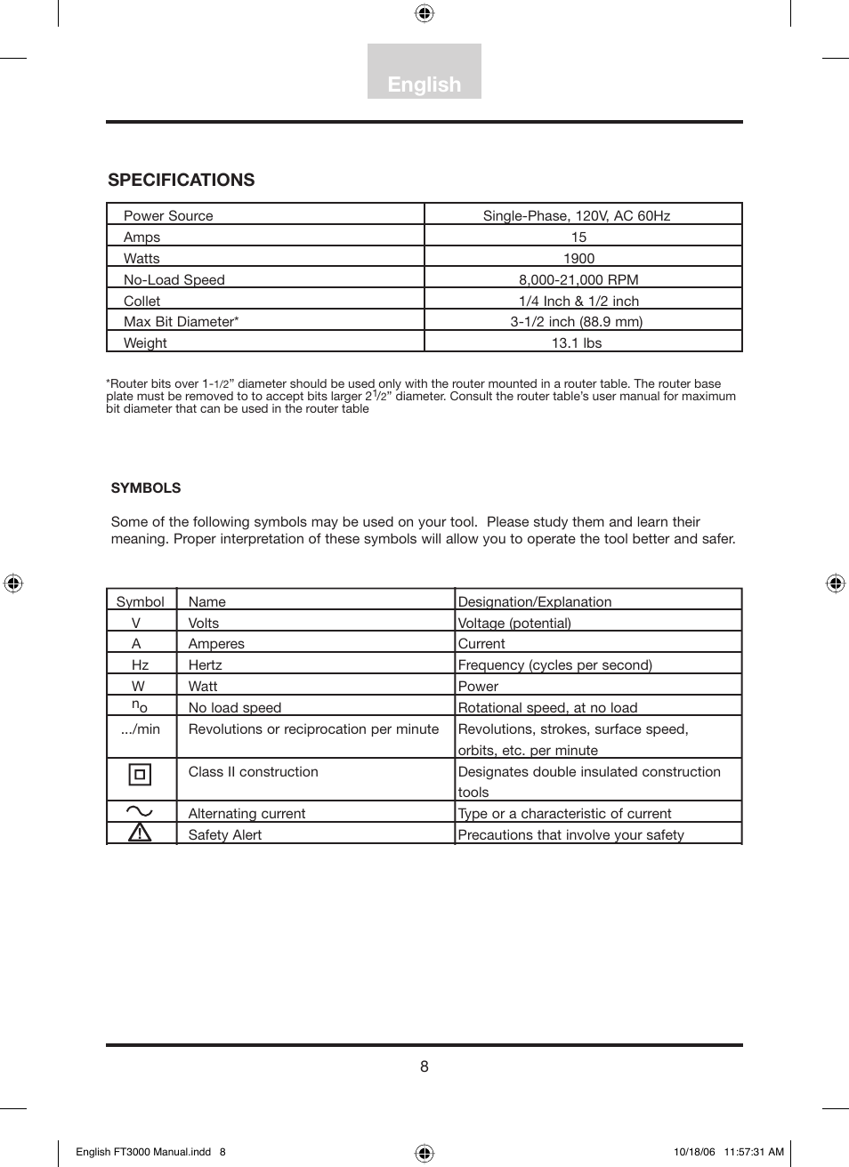 English, Specifications | Freud Tools FT3000VCE User Manual | Page 9 / 60