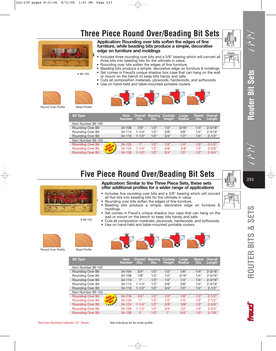 Three piece round over/beading bit sets | Freud Tools 222 User Manual | Page 12 / 14