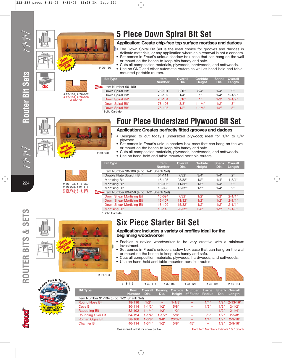 Six piece starter bit set, Four piece undersized plywood bit set, New shadow box | Freud Tools 222 User Manual | Page 3 / 14