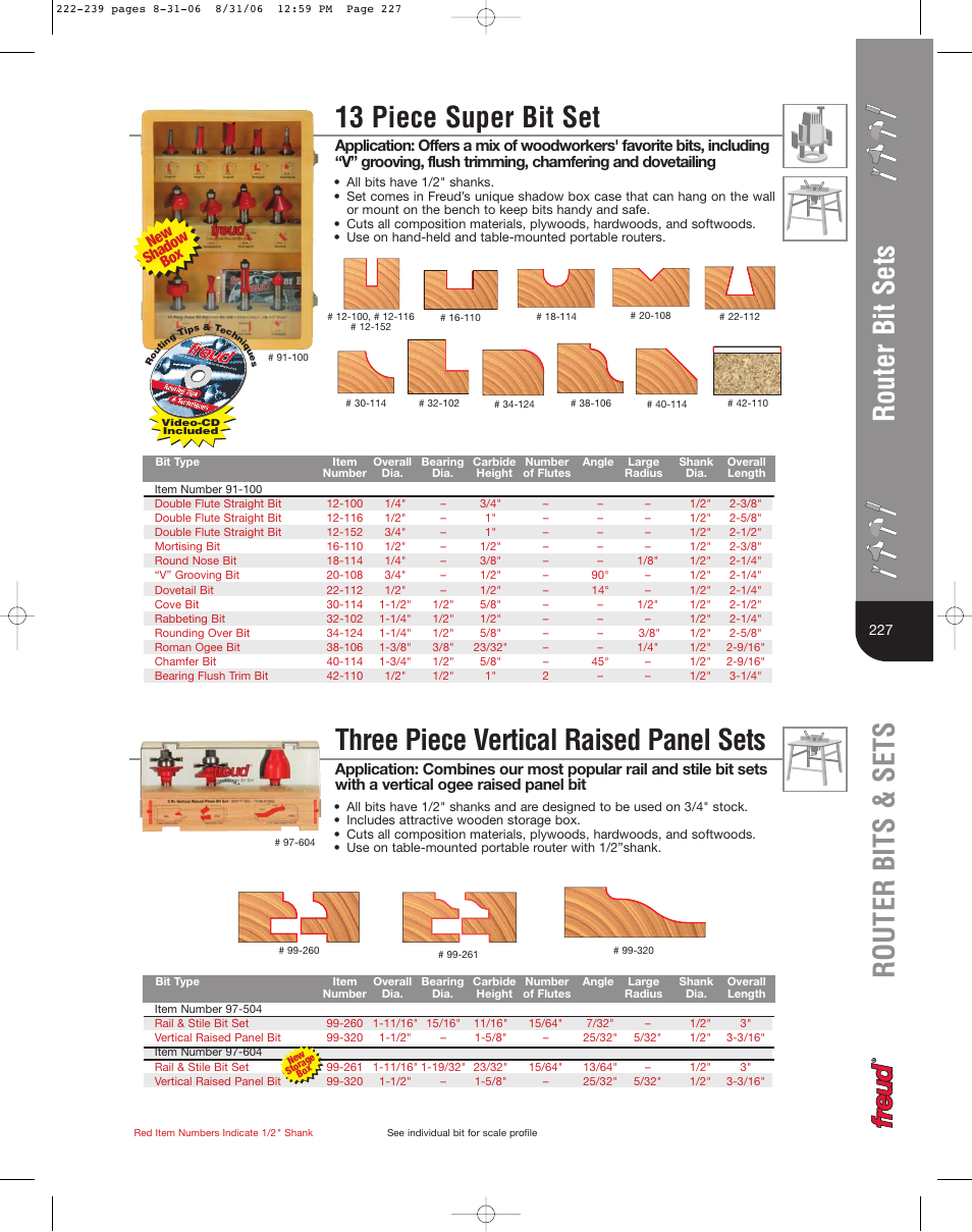 13 piece super bit set, Three piece vertical raised panel sets, Router bits & sets router bit sets | New shadow box | Freud Tools 222 User Manual | Page 6 / 14