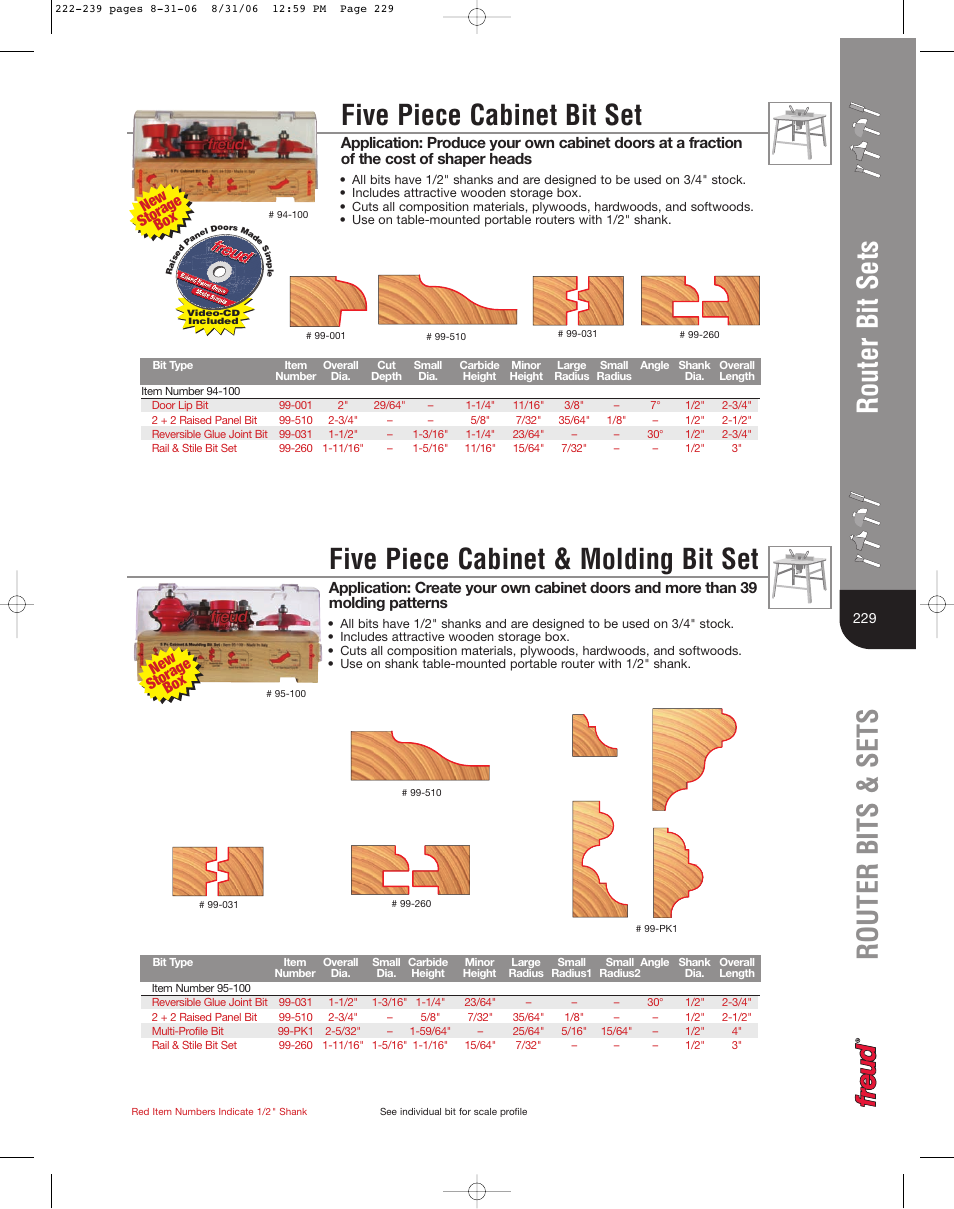 Five piece cabinet bit set, Five piece cabinet & molding bit set, Router bits & sets router bit sets | New storage box new storage box | Freud Tools 222 User Manual | Page 8 / 14