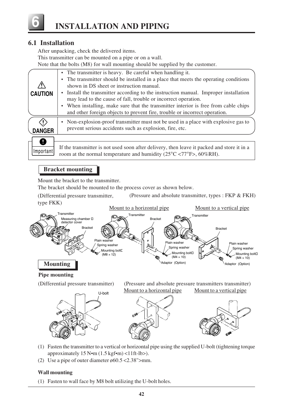 Installation and piping, 1 installation, Caution | Danger, Bracket mounting mounting | Fujimoto Fuji Differential Pressure Transmitter FKK 4 User Manual | Page 48 / 74