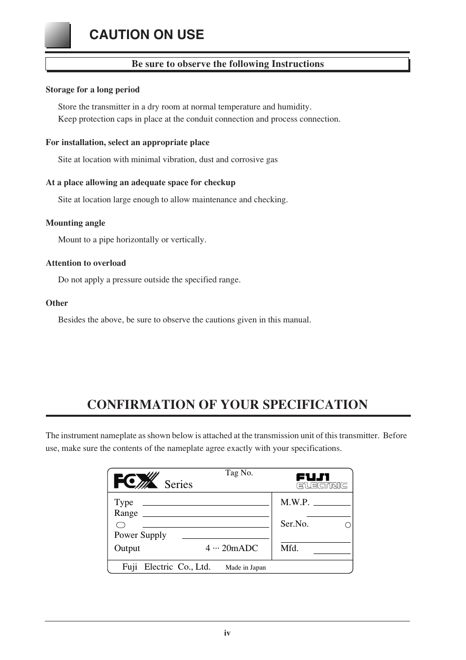 Caution on use, Confirmation of your specification, Series | Fujimoto Fuji Differential Pressure Transmitter FKK 4 User Manual | Page 5 / 74