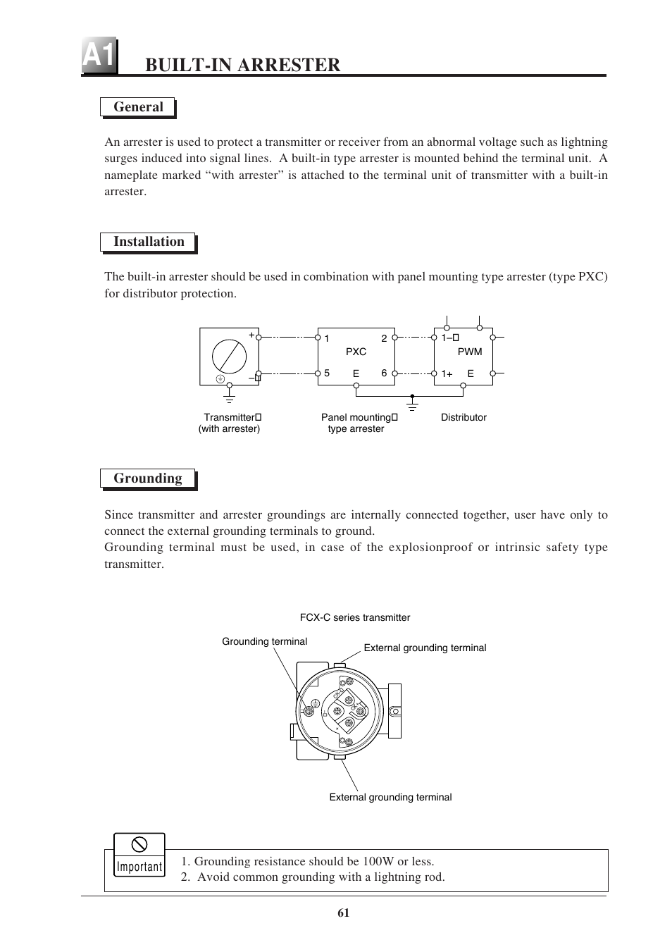 Built-in arrester, General installation grounding | Fujimoto Fuji Differential Pressure Transmitter FKK 4 User Manual | Page 67 / 74