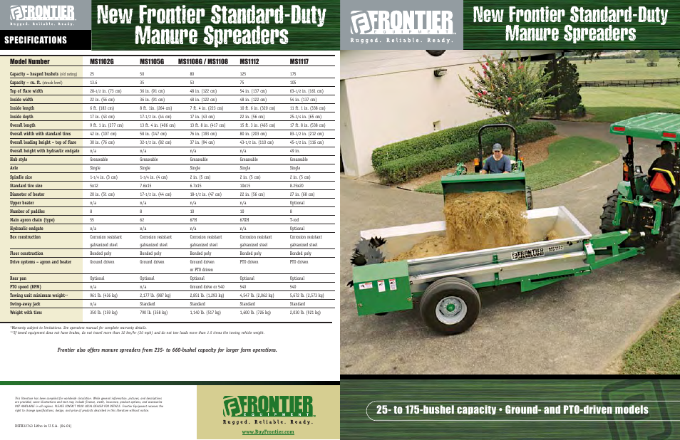 New frontier standard-duty manure spreaders, Specifications | Frontier Labs MS1117 User Manual | Page 4 / 4