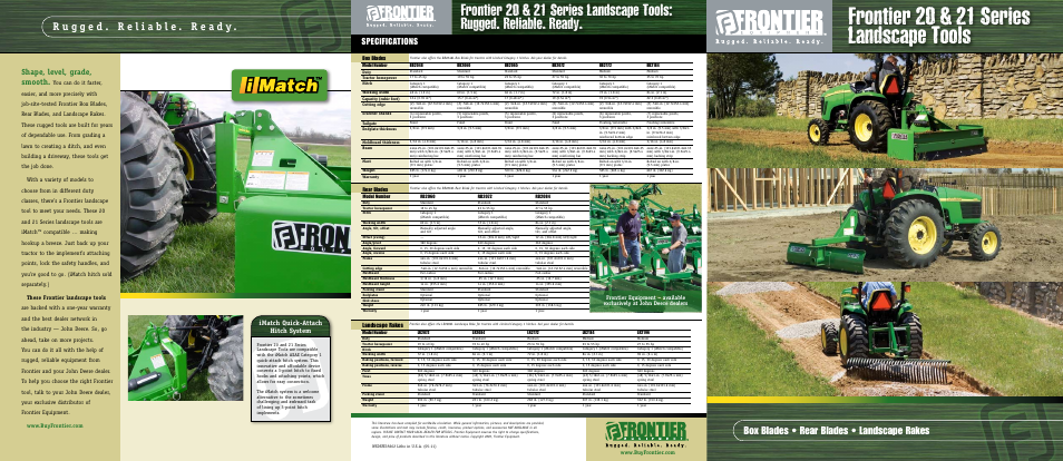 Frontier 20 & 21 series landscape tools, Box blades • rear blades • landscape rakes, Specifications | Shape, level, grade, smooth, Imatch quick-attach hitch system, Landscape rakes, Box blades, Rear blades | Frontier Labs LR2196 User Manual | Page 6 / 6
