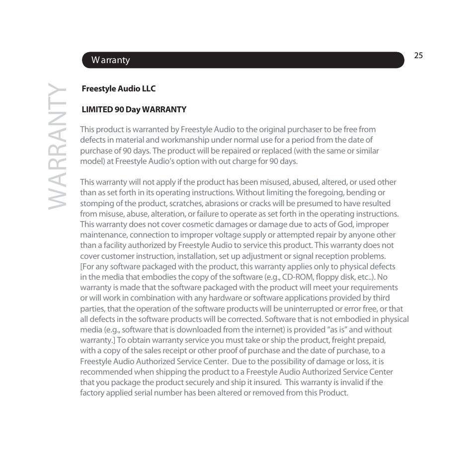 Warranty | Freestyle Audio Soundwave User Manual | Page 25 / 28