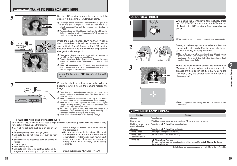 Taking pictures ( a auto mode) | FujiFilm FinePix A370 User Manual | Page 10 / 49
